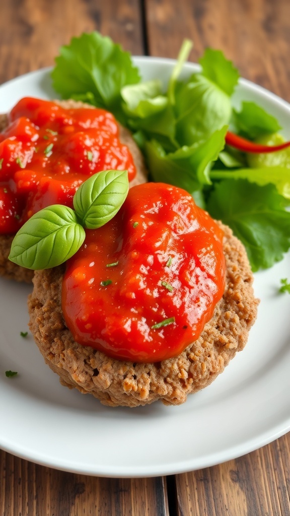 Ground beef patties with tomato sauce and basil on a rustic table.